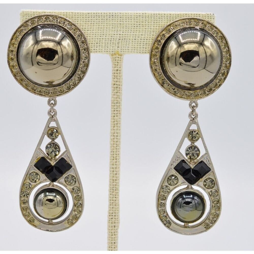 Tara Vintage Clip On Earrings Gunmetal Crystal Black Dangle Chunky Signed BinX